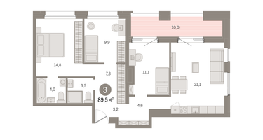 3-к. квартира, 89 м²