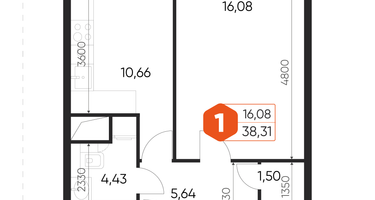 1-к. квартира, 38&nbsp;м²