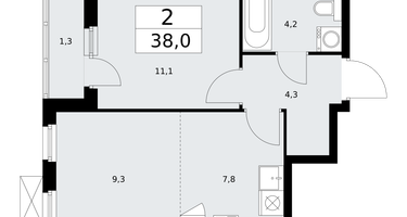 2-к. квартира, 38&nbsp;м²
