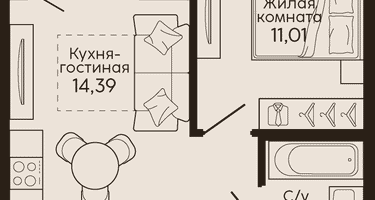 1-к. квартира, 36&nbsp;м²
