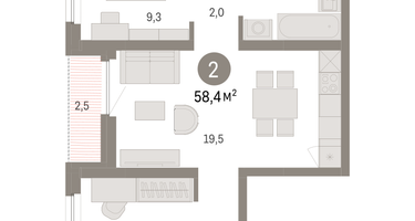 2-к. квартира, 58 м²