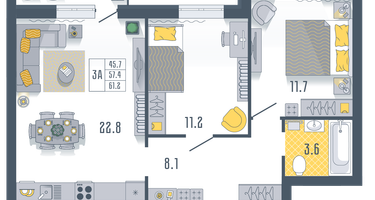 2-к. квартира, 61 м²