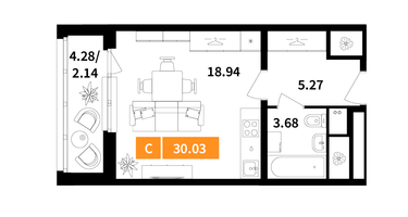 Студия, 30&nbsp;м²