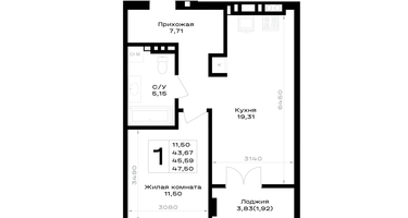 1-к. квартира, 45&nbsp;м²