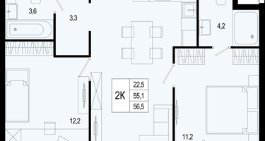 2-к. квартира, 55&nbsp;м²