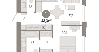 1-к. квартира, 43 м²