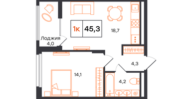 1-к. квартира, 45&nbsp;м²