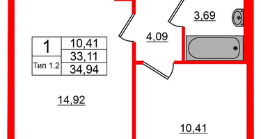 1-к. квартира, 33&nbsp;м²