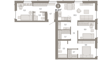 3-к. квартира, 85&nbsp;м²