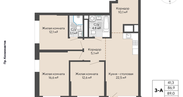 3-к. квартира, 89&nbsp;м²