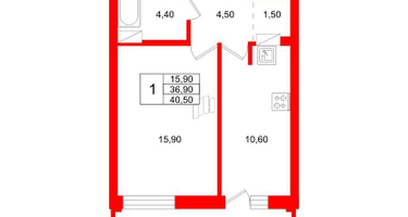 1-к. квартира, 41&nbsp;м²