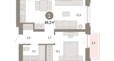1-к. квартира, 46&nbsp;м²
