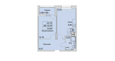 2-к. квартира, 44&nbsp;м²