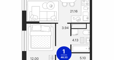 1-к. квартира, 46 м²