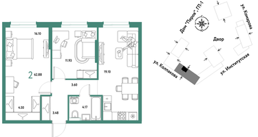 2-к. квартира, 62&nbsp;м²