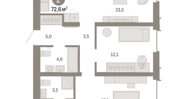 2-к. квартира, 72&nbsp;м²