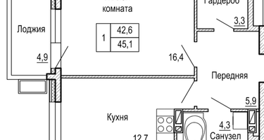 1-к. квартира, 45&nbsp;м²