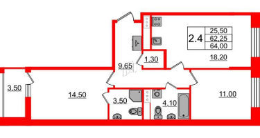 2-к. квартира, 62&nbsp;м²