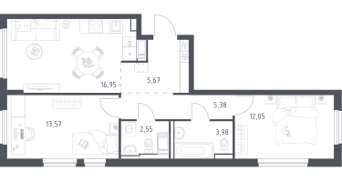 2-к. квартира, 60&nbsp;м²