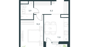 1-к. квартира, 39&nbsp;м²