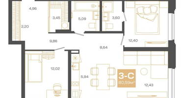 3-к. квартира, 80 м²