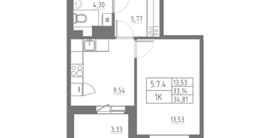 1-к. квартира, 34&nbsp;м²