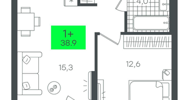 1-к. квартира, 38&nbsp;м²