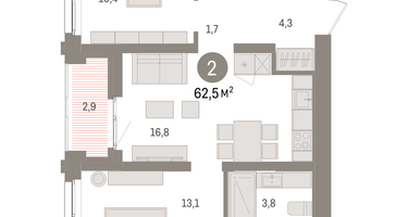 2-к. квартира, 62&nbsp;м²