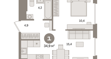 1-к. квартира, 34&nbsp;м²