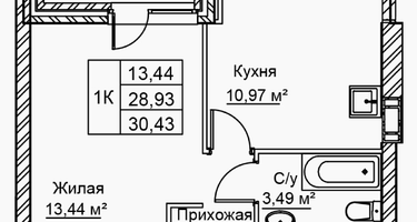 1-к. квартира, 30 м²