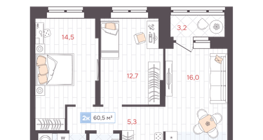 2-к. квартира, 60&nbsp;м²