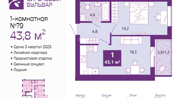 1-к. квартира, 43&nbsp;м²
