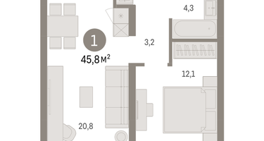 1-к. квартира, 45 м²