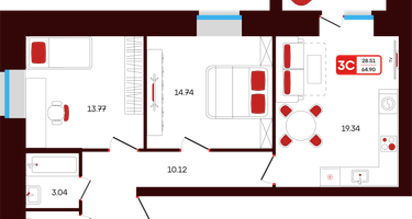3-к. квартира, 64&nbsp;м²