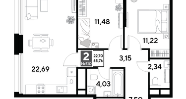 2-к. квартира, 65&nbsp;м²