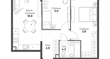 2-к. квартира, 59&nbsp;м²