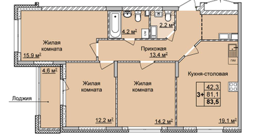 3-к. квартира, 83&nbsp;м²