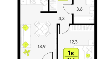 1-к. квартира, 36&nbsp;м²
