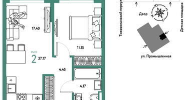 2-к. квартира, 37&nbsp;м²
