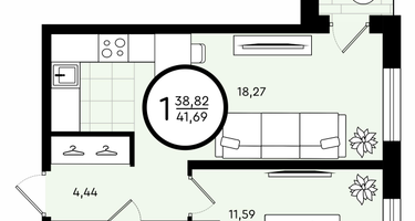 1-к. квартира, 41&nbsp;м²