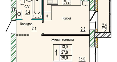 1-к. квартира, 29 м²