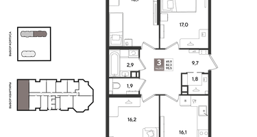 3-к. квартира, 94&nbsp;м²