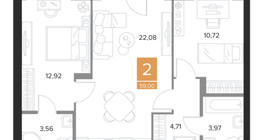 2-к. квартира, 59&nbsp;м²
