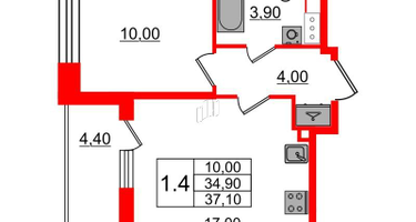 1-к. квартира, 34&nbsp;м²