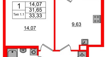 1-к. квартира, 31&nbsp;м²