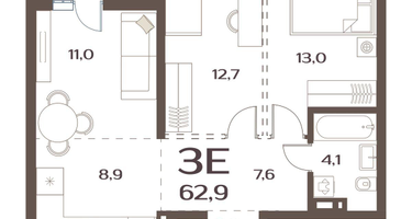 2-к. квартира, 61 м²