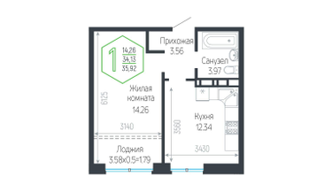 1-к. квартира, 35 м²