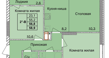 2-к. квартира, 54 м²