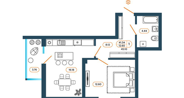 1-к. квартира, 45&nbsp;м²