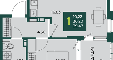 1-к. квартира, 39&nbsp;м²